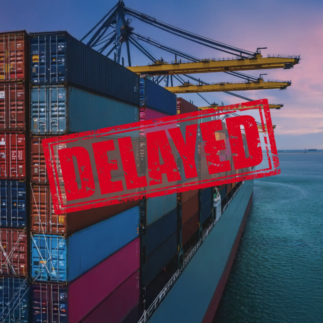 Container ship loaded with colorful cargo containers at a port, overlayed with a bold red 'DELAYED' stamp, illustrating shipment delays in global freight forwarding.